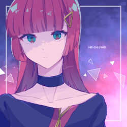Rule 34 | 1boy, androgynous, android, black choker, black sweater, blue eyes, character name, choker, gradient background, hair ornament, hairclip, long hair, long sleeves, looking at viewer, male focus, multicolored eyes, neon (technoroid), off-shoulder sweater, off shoulder, pink background, pink hair, purple background, purple eyes, shenaa, solo, sweater, technoroid, yellow background