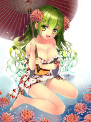 Rule 34 | 1girl, :d, bad id, bad pixiv id, bare legs, bare shoulders, barefoot, breasts, cleavage, floral print, flower, green hair, hair flower, hair ornament, happy, large breasts, legs, long hair, off shoulder, oil-paper umbrella, open mouth, original, panties, pantyshot, partially submerged, sitting, smile, solo, thighs, umbrella, underwear, wariza, water, wavy hair, white panties, yadapot, yellow eyes