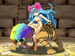 Rule 34 | 1girl, afro, anklet, barefoot, blue hair, blunt bangs, breasts, flower, forehead jewel, green eyes, happy, jewelry, long hair, looking at viewer, lotus, medium breasts, mochi mame, multicolored hair, nipples, nude, parvati (p&amp;d), pussy, puzzle &amp; dragons, rainbow hair, solo, sunglasses, tiger