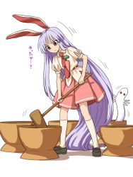 Rule 34 | 1girl, :3, absurdly long hair, animal ears, black footwear, closed mouth, full body, hattifattener, highres, holding, holding mallet, itou yuuji, kine, long hair, mallet, miniskirt, moomin, mortar (bowl), necktie, pink skirt, puffy short sleeves, puffy sleeves, purple hair, rabbit ears, red eyes, red necktie, reisen udongein inaba, shirt, shoes, short sleeves, simple background, skirt, socks, solo, standing, sweatdrop, touhou, translation request, very long hair, white background, white shirt, white socks