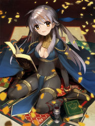 Rule 34 | 1girl, bodysuit, book, breasts, cape, chalice, cleavage, covered navel, cup, dark mage (fire emblem awakening), fire emblem, fire emblem: radiant dawn, fire emblem awakening, half updo, micaiah (fire emblem), navel, nintendo, official alternate costume, official art, open book, see-through, silver hair, sitting, small breasts, solo, wada arco, wariza, yellow eyes