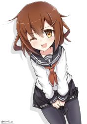 Rule 34 | 10s, 1girl, anchor symbol, black pantyhose, blush, brown eyes, brown hair, commentary request, covering privates, covering crotch, fang, hair ornament, hairclip, have to pee, ikazuchi (kancolle), kantai collection, looking at viewer, nayuhi (yukimuu14), neckerchief, one eye closed, open mouth, pantyhose, red neckerchief, school uniform, serafuku, short hair, solo, sweat, twitter username