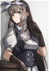 Rule 34 | 1girl, absurdres, alternate costume, black hair, blue eyes, blush, brown gloves, buttons, collar, corset, curly hair, drill hair, frilled collar, frills, girls&#039; frontline, gloves, grey background, hair between eyes, hair ribbon, highres, howa type 64 (girls&#039; frontline), long hair, looking at viewer, pixiv id 12457925, puffy short sleeves, puffy sleeves, ribbon, shadow, short sleeves, sidelocks, solo, two-tone background, very long hair, white ribbon