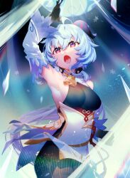 Rule 34 | 1girl, ahoge, arm up, armpits, bare shoulders, bell, black pantyhose, blue hair, bow, breasts, chinese knot, detached sleeves, flower knot, ganyu (genshin impact), genshin impact, gold trim, highres, horns, long hair, low ponytail, lower teeth only, magic, medium breasts, neck bell, open mouth, orb, pantyhose, purple eyes, sidelocks, snowflakes, solo, tassel, teeth, uninu, waist cape, white sleeves, wind, wind lift
