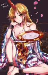 Rule 34 | 1girl, 2018, alcohol, ankle cuffs, bare shoulders, blonde hair, blue kimono, breasts, chain, cherry blossoms, cleavage, collarbone, commentary request, cuffs, cup, dated, ear piercing, eyelashes, floral print, handcuffs, highres, holding, holding cup, horns, hoshiguma yuugi, hoshiguma yuugi (kimono), ice (aitsugai), japanese clothes, kimono, knee up, lips, long hair, looking at viewer, obi, one-hour drawing challenge, petals, piercing, sakazuki, sake, sash, single horn, sitting, solo, touhou, twitter username, yellow eyes