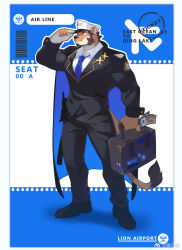 Rule 34 | 1boy, adjusting clothes, adjusting headwear, alca (wakatanka4), alca the lion, alternate costume, animal ears, bara, beard, black hair, briefcase, facial hair, full beard, furry, furry male, gyee, holding, holding briefcase, large pectorals, lion boy, lion ears, lion tail, male focus, mature male, muscular, muscular male, original, pectorals, short hair, solo, standing, tail, thick eyebrows, two-tone background, zixiong zix