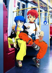Rule 34 | 1980s (style), 2girls, arm around shoulder, bag, belt, blue eyes, blue hair, brown eyes, bubble tea, cargo pants, casual, choker, commentary, commentary request, dirty pair, earrings, english commentary, fashion, head rest, headband, highres, jewelry, kei (dirty pair), long hair, looking at viewer, making-of available, multiple girls, nail polish, nemo brand, oldschool, pants, photo background, product placement, red hair, retro artstyle, shoes, short hair, sidelocks, sitting, sneakers, streetwear, subway, sweater, train interior, yuri (dirty pair)