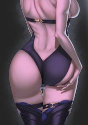 Rule 34 | 1girl, absurdres, ass, ass focus, ass support, back, backboob, backless outfit, bare arms, bare back, black leotard, breasts, butt crack, eula (genshin impact), from behind, genshin impact, hand on own ass, highres, large breasts, leotard, nmi, out of frame, simple background, solo, standing, sweat, thigh strap, thighhighs, thighs