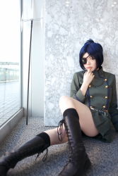 Rule 34 | 1girl, asian, black socks, blue hair, blurry, boots, breasts, chrome dokuro, color contacts, cosplay, cross-laced footwear, depth of field, eyepatch, female focus, highres, indoors, kateikyoushi hitman reborn, katekyo hitman reborn!, lace-up boots, looking at viewer, makeup, mascara, midriff, miniskirt, namada, on floor, parted lips, photo (medium), pleated skirt, polearm, rug, short hair, sitting, skirt, skull and crossbones, skull belt, small breasts, socks, solo, trident, uniform, weapon, window