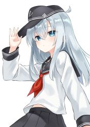 Rule 34 | 1girl, anchor, anchor symbol, azuuru, bad id, bad twitter id, black sailor collar, black skirt, blue eyes, blush, closed mouth, expressionless, flat cap, hat, hibiki (kancolle), highres, kantai collection, long hair, long sleeves, neckerchief, pleated skirt, red neckerchief, sailor collar, school uniform, serafuku, silver hair, simple background, skirt, solo, white background