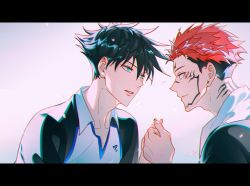 Rule 34 | 2boys, black hair, black nails, blue eyes, collarbone, extra eyes, facial tattoo, fushiguro megumi, glorenia, hair between eyes, highres, holding hands, hood, hood down, jacket, jersey, jujutsu kaisen, letterboxed, looking at another, multiple boys, nail polish, neck tattoo, parted lips, pink hair, red eyes, ryoumen sukuna (jujutsu kaisen), short hair, sideburns, smile, spiked hair, sportswear, tattoo, track jacket, undercut, upper body, volleyball uniform, yaoi
