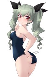 Rule 34 | 1girl, anchovy (girls und panzer), black ribbon, blue one-piece swimsuit, blush, breasts, competition school swimsuit, covered erect nipples, female focus, from side, girls und panzer, green hair, hair between eyes, hair ribbon, highres, kuzuryuu kennosuke, long hair, looking at viewer, looking back, medium breasts, one-piece swimsuit, red eyes, ribbon, school swimsuit, simple background, solo, standing, swimsuit, thighs, twintails, white background