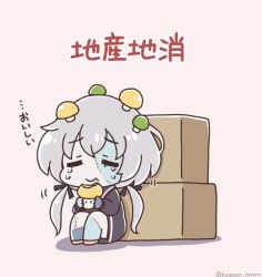 Rule 34 | 1girl, :t, black dress, black sailor collar, box, cardboard box, chibi, closed eyes, closed mouth, commentary request, crying, dress, eating, food, grey hair, holding, holding food, knees up, konno junko, kurororo rororo, long hair, low twintails, mushroom, patchwork skin, pink background, sailor collar, sailor dress, sitting, solo, stitches, tears, translation request, twintails, twitter username, very long hair, zombie land saga