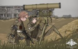 2661789381 2girls 9m133_kornet ak-200 anti-tank_missile assault_rifle blonde_hair blurry brown_hair chinese_commentary commentary_request depth_of_field grass gun highres holding holding_gun holding_weapon kalashnikov_rifle load_bearing_vest military_combat_uniform military_uniform multiple_girls original outdoors ribbon_of_saint_george rifle russian_ground_forces teamwork tripod variant_set walkie-talkie weapon