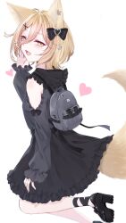 Rule 34 | 1girl, :d, alternate costume, animal ears, backpack, bag, bare shoulders, black dress, black footwear, blonde hair, blush, bow, breasts, clothing cutout, dress, fang, foot out of frame, fox ears, fox tail, from side, hair between eyes, hair bow, hair ornament, heart, highres, jewelry, kudamaki tsukasa, medium breasts, mizore arius, open mouth, short hair, shoulder cutout, simple background, skin fang, smile, solo, tail, touhou, white background