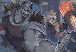 Rule 34 | 2boys, animal ears, arknights, black tank top, brown fur, chain necklace, dog boy, dog ears, dog tags, foreshortening, furry, furry male, highres, hung (arknights), jewelry, koryuu (gackter10), mountain (arknights), multiple boys, necklace, shield, tank top, tiger boy, tiger ears, tiger stripes, two-tone fur, white fur