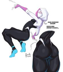 Rule 34 | ..., 1girl, ?, artist name, ass, bodysuit, breasts, commentary, dorkbum, english commentary, english text, highres, hood, marvel, mask, multiple views, silk, simple background, small breasts, spider-gwen, spider-man: into the spider-verse, spider-man (series), spider-verse, spider web, spider web print, superhero costume, watermark, white background