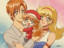 Rule 34 | 1990s (style), 1boy, 2girls, aged up, armband, baby, bare shoulders, beret, blonde hair, blue eyes, blush stickers, breasts, brown eyes, carrying, child, child carry, choker, cleavage, collarbone, couple, cutie honey, cutie honey flash, dated, earrings, eyelashes, family, gradient background, grey jacket, hairband, hat, hayami seiji (flash), hayami seira, heart, heart choker, jacket, jewelry, kisaragi honey, long hair, looking at another, medium bangs, medium breasts, miroku (miroku t), multiple girls, no nose, open clothes, open jacket, orange hair, parody, parted bangs, red choker, red hairband, red shirt, retro artstyle, ring, shirt, short hair, sidelocks, signature, simple background, smile, style parody, wavy hair