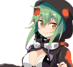 Rule 34 | 1girl, bikini, bikini top only, black bikini, black jacket, blush, breasts, cleavage, closed mouth, commentary request, digimon, digimon world re:digitize, eyebrows hidden by hair, goggles, goggles around neck, green hair, hair between eyes, hair ornament, hand up, hood, hood up, jacket, large breasts, long sleeves, looking at viewer, n36hoko, orange eyes, partially unzipped, print jacket, shinomiya rina, short hair, short hair with long locks, sidelocks, simple background, smile, solo, swimsuit, two-tone bikini, upper body, white background, white bikini, x hair ornament
