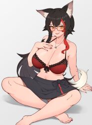 Rule 34 | 1girl, :d, animal ear fluff, animal ears, barefoot, black hair, black skirt, bra, braid, breasts, brown eyes, fang, hair ornament, hand on own chest, highres, hololive, indian style, jewelry, large breasts, long hair, looking at viewer, multicolored hair, nail polish, necklace, ookami mio, ookami mio (street), open mouth, red bra, red hair, red nails, sitting, skirt, smile, solo, streaked hair, tail, toenail polish, toenails, underwear, varniskarnis, virtual youtuber, wolf ears, wolf tail, x hair ornament