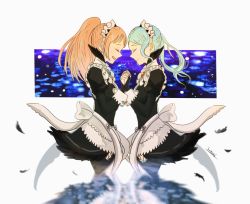 Rule 34 | 2girls, artist name, blue hair, bridal gauntlets, closed mouth, closed eyes, feathers, felicia (fire emblem), fire emblem, fire emblem fates, flora (fire emblem), from side, gem, holding hands, juliet sleeves, long hair, long sleeves, maid, maid headdress, multiple girls, nintendo, open mouth, pink hair, ponytail, puffy sleeves, sasaki (dkenpisss), siblings, sisters, twins, twintails