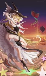 Rule 34 | 1girl, armpits, ass, black footwear, blonde hair, bloomers, blush, book, boots, breasts, clothes lift, cloud, cloudy sky, flying, gloves, hat, highres, kirisame marisa, long hair, looking at viewer, looking back, medium breasts, namiki (remiter00), open mouth, outdoors, skirt, skirt lift, sky, smile, solo, star (symbol), touhou, underwear, white bloomers, white gloves, witch, witch hat, yellow eyes