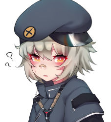 Rule 34 | 1girl, ?, ??, bandaid, bandaid on face, bandaid on nose, blush, girls&#039; frontline, grey hair, hat, highres, hs2000 (girls&#039; frontline), jacket, looking at viewer, meow nyang, open mouth, portrait, short hair, simple background, solo, white background, yellow eyes