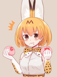 Rule 34 | 10s, 1girl, :|, ^^^, animal ears, bare shoulders, batta (ijigen debris), blonde hair, blush, bow, bowtie, closed mouth, commentary request, elbow gloves, food, food on face, gloves, grey background, holding, holding food, japari bun, kemono friends, looking at viewer, serval (kemono friends), serval print, shirt, short hair, simple background, solo, sweat, white shirt