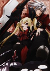 Rule 34 | 1boy, 1girl, arc system works, blazblue, blazblue: calamity trigger, blonde hair, bow, frills, grey hair, hair ribbon, highres, mori toshimichi, nago, official art, rachel alucard, ragna the bloodedge, red bow, red eyes, ribbon, sword, twintails, weapon