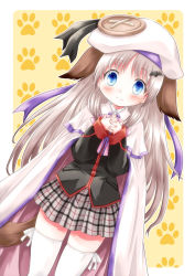 Rule 34 | 1girl, :3, animal ears, blue eyes, cape, cowboy shot, dog ears, dutch angle, hat, highres, komiru, large buttons, little busters!, long hair, noumi kudryavka, own hands clasped, own hands together, plaid, plaid skirt, school uniform, silver hair, skirt, tail, thighhighs, zettai ryouiki