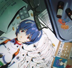 Rule 34 | 4zw89qkqagggcf7, ayanami rei, blue hair, bodysuit, breasts, broken eyewear, closed mouth, expressionless, glasses, highres, id card, medicine, medium breasts, neon genesis evangelion, paper, pill, pilot suit, plugsuit, red eyes, short hair, translation request, white bodysuit