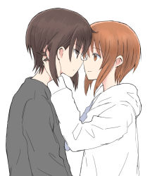 Rule 34 | 2girls, brown eyes, brown hair, casual, closed mouth, commentary, from side, girls und panzer, grey shirt, hand in another&#039;s hair, hood, hood down, hoodie, incest, light frown, long sleeves, looking at another, multiple girls, mutsu (layergreen), nishizumi maho, nishizumi miho, shirt, short hair, siblings, sisters, smile, upper body, white shirt, yuri