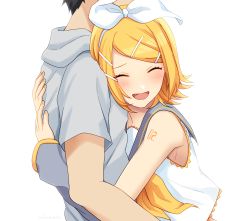 Rule 34 | 1boy, 1girl, arm warmers, bare shoulders, black hair, blonde hair, blush, bow, closed eyes, collar, commentary, crop top, grey collar, grey hoodie, grey sleeves, hair bow, hood, hoodie, hug, kagamine rin, master (vocaloid), nail polish, neckerchief, nokuhashi, open mouth, sailor collar, school uniform, shirt, short hair, shoulder tattoo, smile, swept bangs, tattoo, upper body, vocaloid, white background, white bow, white shirt, yellow nails, yellow neckerchief