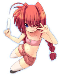 Rule 34 | 1girl, ;p, ahoge, bandeau, blue eyes, braid, child, flat chest, food, groin, long hair, lyrical nanoha, mahou shoujo lyrical nanoha, mahou shoujo lyrical nanoha a&#039;s, midriff, one eye closed, popsicle, red hair, shiwo, shorts, solo, thighhighs, tongue, tongue out, twin braids, twintails, v, vita (nanoha), white thighhighs, wink
