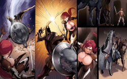 Rule 34 | armor, armored boots, battle, blue eyes, boots, breasts, gloves, hair over one eye, headless, high heels, highres, horse, knight, large breasts, long hair, monster, original, ponytail, red hair, shield, sword, uns (sdsxsoverlord), weapon