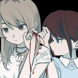 Rule 34 | 2girls, black background, blood, blood on hands, blue eyes, blue shirt, brown eyes, closed mouth, commentary, girls band cry, hashtag-only commentary, highres, holding hands, iseri nina, jewelry, kawaragi momoka, light brown hair, long hair, looking at another, mipaihere, multiple girls, necklace, pinky swear, red hair, shirt, short twintails, simple background, twintails, upper body, white shirt