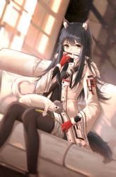 Rule 34 | 1girl, absurdres, animal ear fluff, animal ears, arknights, black hair, black pantyhose, cat, couch, highres, indoors, jacket, long hair, looking at viewer, name tag, official alternate costume, pantyhose, popcat (jung5u), short shorts, shorts, sitting, solo, tail, texas (arknights), texas (winter messenger) (arknights), yellow eyes