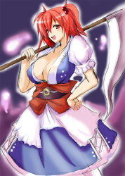 Rule 34 | 1girl, breasts, cleavage, dress, female focus, gradient background, hair bobbles, hair ornament, huge breasts, onozuka komachi, open mouth, red eyes, red hair, scythe, solo, touhou, twintails, two side up, yasakani an