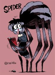 Rule 34 | 1girl, :d, arachne, arthropod girl, blue sweater, blush, book, bug, colorized, commentary, english commentary, extra eyes, flying sweatdrops, glasses, highres, holding, holding book, ink (medium), inktober, insect girl, long sleeves, looking at viewer, mixed media, monster girl, open book, open mouth, original, parted bangs, pink background, rariatto (ganguri), reading, red eyes, round eyewear, shoes, short hair, simple background, skirt, smile, solo, spider, spider girl, sweater, taur, traditional media, twitter username