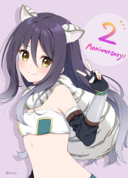 Rule 34 | 1girl, animal ear fluff, animal ears, anniversary, anz32, bad id, bad pixiv id, bandeau, bare shoulders, black gloves, black hair, blush, breasts, brown eyes, closed mouth, commentary request, elbow gloves, fingerless gloves, from side, gloves, gradient hair, grey hair, hair between eyes, hand up, long hair, multicolored hair, princess connect!, purple background, shiori (princess connect!), small breasts, smile, solo, split mouth, strapless, tiger ears, twitter username, upper body, v, very long hair, white bandeau