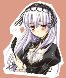 Rule 34 | 00s, 1girl, blush, brown background, feathers, pink eyes, rozen maiden, setins, silver hair, solo, suigintou