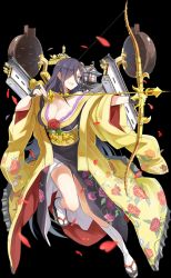 Rule 34 | 1girl, arrow (projectile), bare shoulders, black hair, bow (weapon), breasts, castle, cleavage, crown, emerane, fingerless gloves, full body, gloves, hair between eyes, hair over one eye, japanese clothes, kimono, large breasts, long hair, mole, mole under eye, official art, oshiro project:re, oshiro project:re, petals, red eyes, smile, solo, tamonyama (oshiro project), transparent background, very long hair, weapon, yuujo