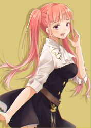 Rule 34 | 1girl, arm at side, belt, black skirt, fire emblem, fire emblem: three houses, hand up, highres, hilda valentine goneril, kuro n314, long hair, nintendo, pink eyes, pink hair, simple background, skirt, solo, twintails, white neckwear, yellow background