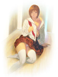 Rule 34 | 1girl, arm support, bra, brown hair, collarbone, homare (fool&#039;s art), long sleeves, looking at viewer, neckerchief, open clothes, open shirt, original, panties, pantyshot, parted lips, plaid, plaid skirt, purple eyes, red neckerchief, red skirt, school uniform, shirt, short hair, sitting, skirt, thighhighs, underwear, undressing, white bra, white panties, white shirt, white thighhighs
