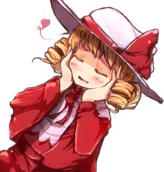 Rule 34 | 1girl, blonde hair, blush, curly hair, dutch angle, elly (touhou), closed eyes, hands on own cheeks, hands on own face, hat, hat ribbon, heart, open mouth, ribbon, ripu (lipi), short hair, solo, touhou, touhou (pc-98), white background