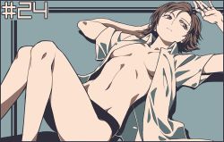 Rule 34 | 10s, 1girl, border, breasts, brown eyes, brown hair, covered erect nipples, finger marks, groin, looking away, lying, machi fuka, monochrome, muted color, navel, on back, open clothes, open shirt, panties, shirt, short hair, short sleeves, solo, soukyuu no fafner, toomi maya, underwear