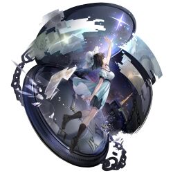 Rule 34 | 1girl, arm up, black footwear, black hair, blue dress, blue hat, broken, broken chain, broken glass, chain, cityscape, denim, denim shorts, double exposure, dress, from side, full body, girls&#039; frontline neural cloud, glass, hair ribbon, hat, highres, looking at viewer, looking up, night, night sky, official art, okabe rintarou, outstretched arms, pocket watch, profile, puffy short sleeves, puffy sleeves, ribbon, shiina mayuri, short hair, short sleeves, shorts, shorts under dress, sky, solo, standing, star (sky), starry sky, steins;gate, third-party source, transparent background, watch