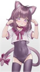 Rule 34 | 1girl, animal ear fluff, animal ears, arms up, black thighhighs, blue one-piece swimsuit, blush, brown hair, cat ears, cat tail, choker, collar, covered navel, fallenshadow, female focus, gluteal fold, highres, indie virtual youtuber, looking at viewer, neck bell, no pants, old school swimsuit, one-piece swimsuit, open mouth, paw pose, pettan (zeez4743), pink eyes, ribbon, school swimsuit, school uniform, serafuku, shirt, short hair, short sleeves, simple background, solo, standing, swimsuit, swimsuit under clothes, tail, tail ornament, tail ribbon, thighhighs, thighs, virtual youtuber, white shirt, wristband