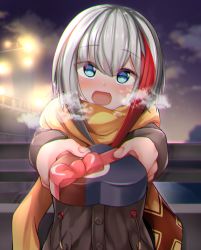 Rule 34 | 1girl, admiral graf spee (azur lane), azur lane, blue eyes, blush, box, breath, chromatic aberration, coat, commentary request, gift, giving, hayami yoichi, heart-shaped box, highres, holding, holding gift, looking at viewer, multicolored hair, night, open mouth, red hair, religious offering, scarf, short hair, silver hair, solo, stairs, streaked hair, valentine, yellow scarf