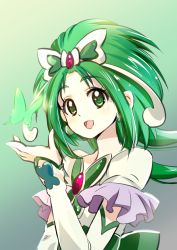 Rule 34 | 00s, 1girl, :d, akimoto komachi, arm warmers, brooch, bug, butterfly, butterfly hair ornament, cure mint, frills, green background, green eyes, green hair, green theme, hair ornament, highres, insect, jewelry, long hair, looking at viewer, magical girl, matching hair/eyes, open mouth, precure, pukara, smile, solo, upper body, yes! precure 5